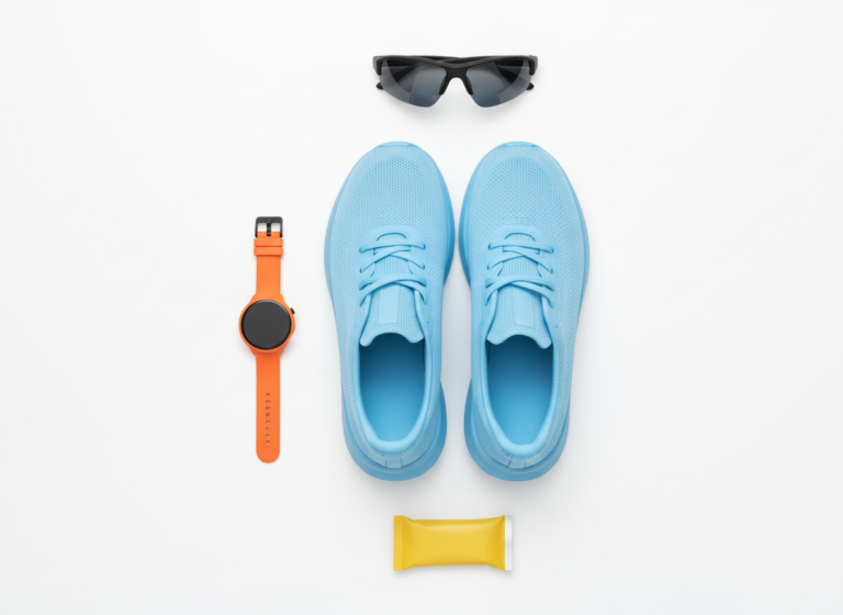 Flat lay of unbranded running shoes, a sports watch, sunglasses, and energy gel on a white background
