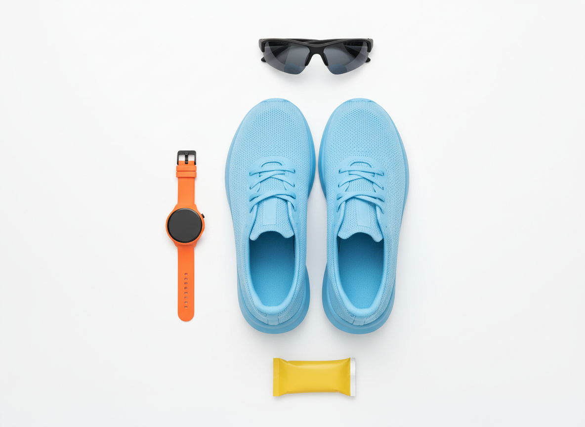 Flat lay of unbranded running shoes, a sports watch, sunglasses, and energy gel on a white background