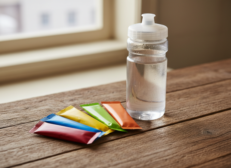 Plain unbranded energy gel packets fanned out next to a running water bottle