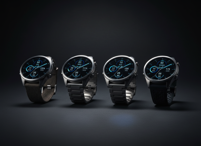 Four GPS sports watches arranged in a row for comparison