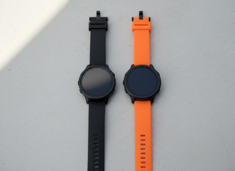 Two unbranded GPS sports watches side by side on a light gray surface