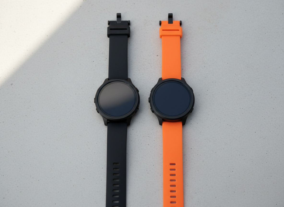 Two unbranded GPS sports watches side by side on a light gray surface