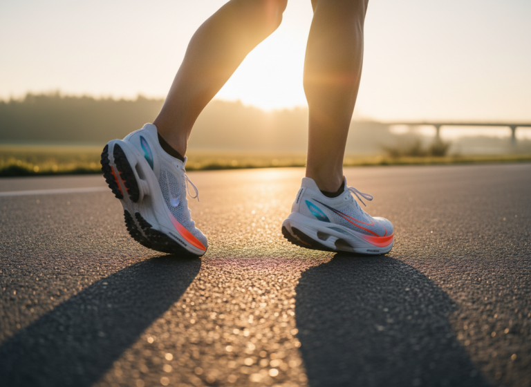 Runner's feet in marathon training shoes on a road at sunrise