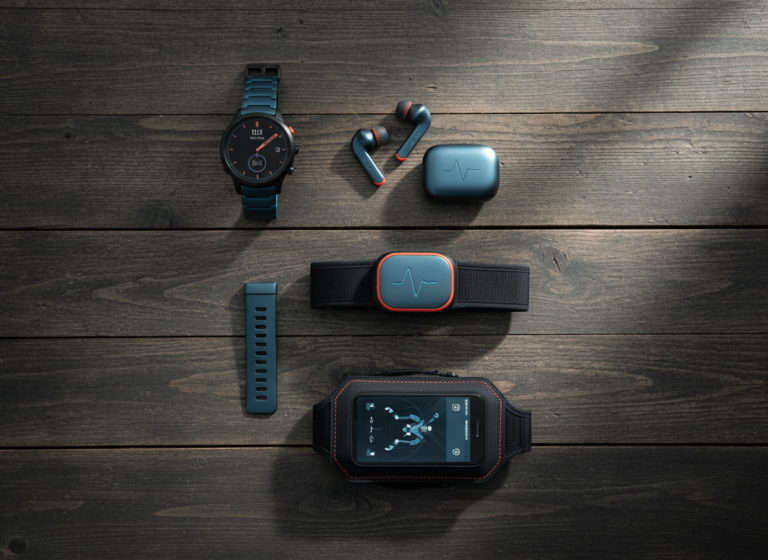Flat lay of endurance training gadgets including a GPS watch, earbuds, and heart rate strap