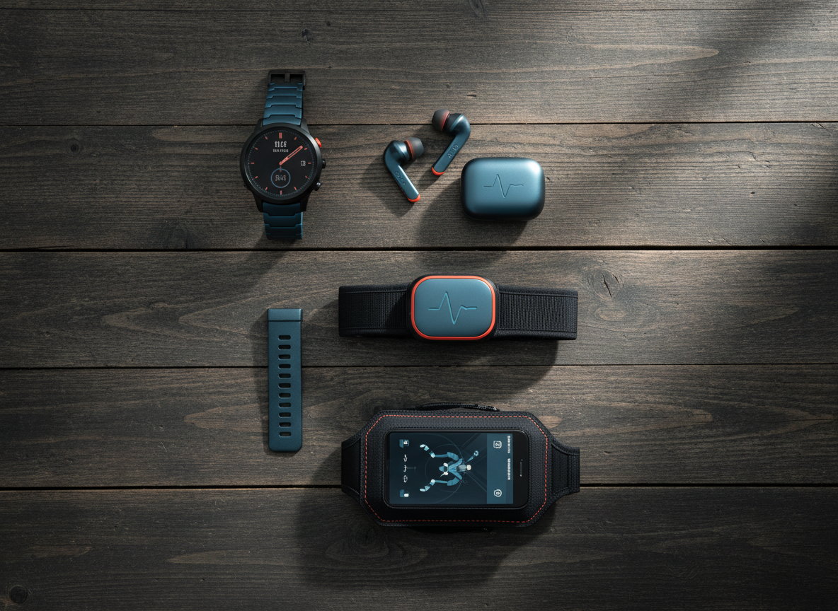 Flat lay of endurance training gadgets including a GPS watch, earbuds, and heart rate strap
