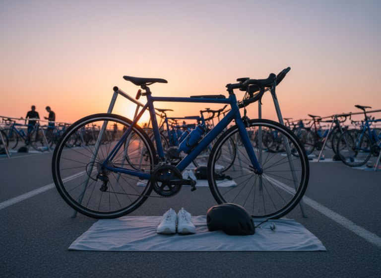 Triathlon transition zone with an unbranded bike racked and gear laid out on a towel