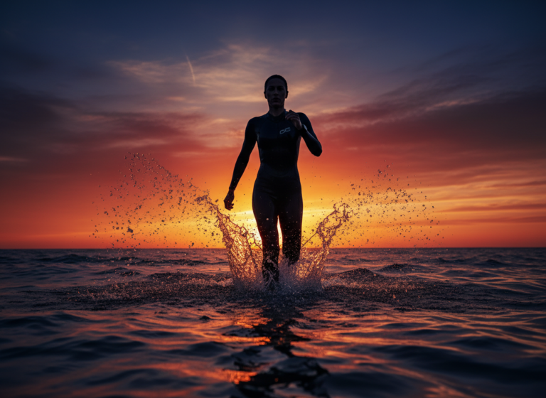 Triathlete in a wetsuit entering open water at sunrise