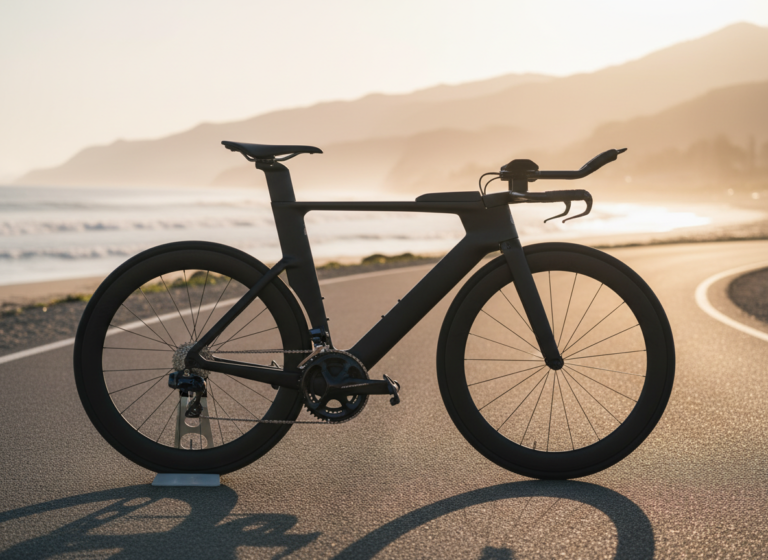 Unbranded black triathlon bike with aero bars on a coastal road at sunrise