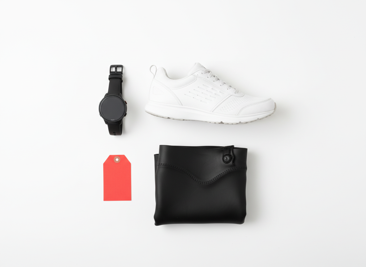 Flat lay of a running shoe, GPS watch, and wetsuit fabric with a sale price tag icon