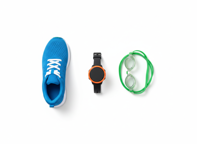 Flat lay of a running shoe, GPS watch, and swim goggles on a white background
