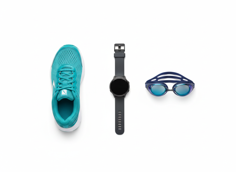Flat lay of a running shoe, GPS watch, and swim goggles on a white background