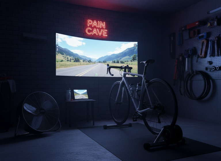 Road bike on a smart trainer facing a monitor showing a virtual cycling route