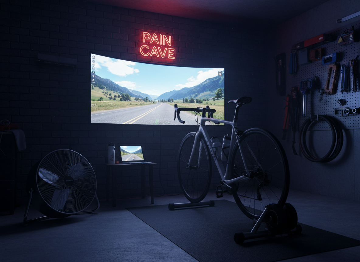 Road bike on a smart trainer facing a monitor showing a virtual cycling route