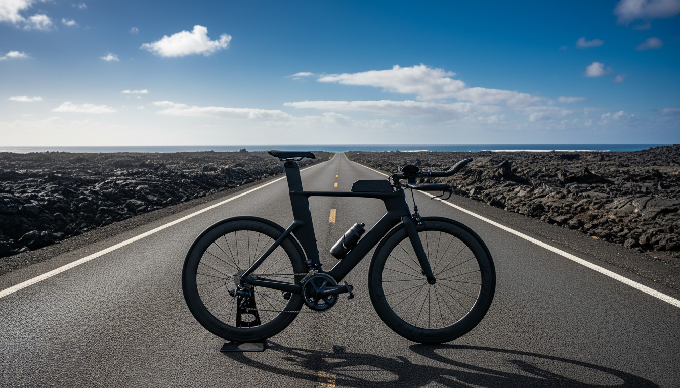 A carbon triathlon bike with deep race wheels parked on an empty highway through black lava fields near the ocean