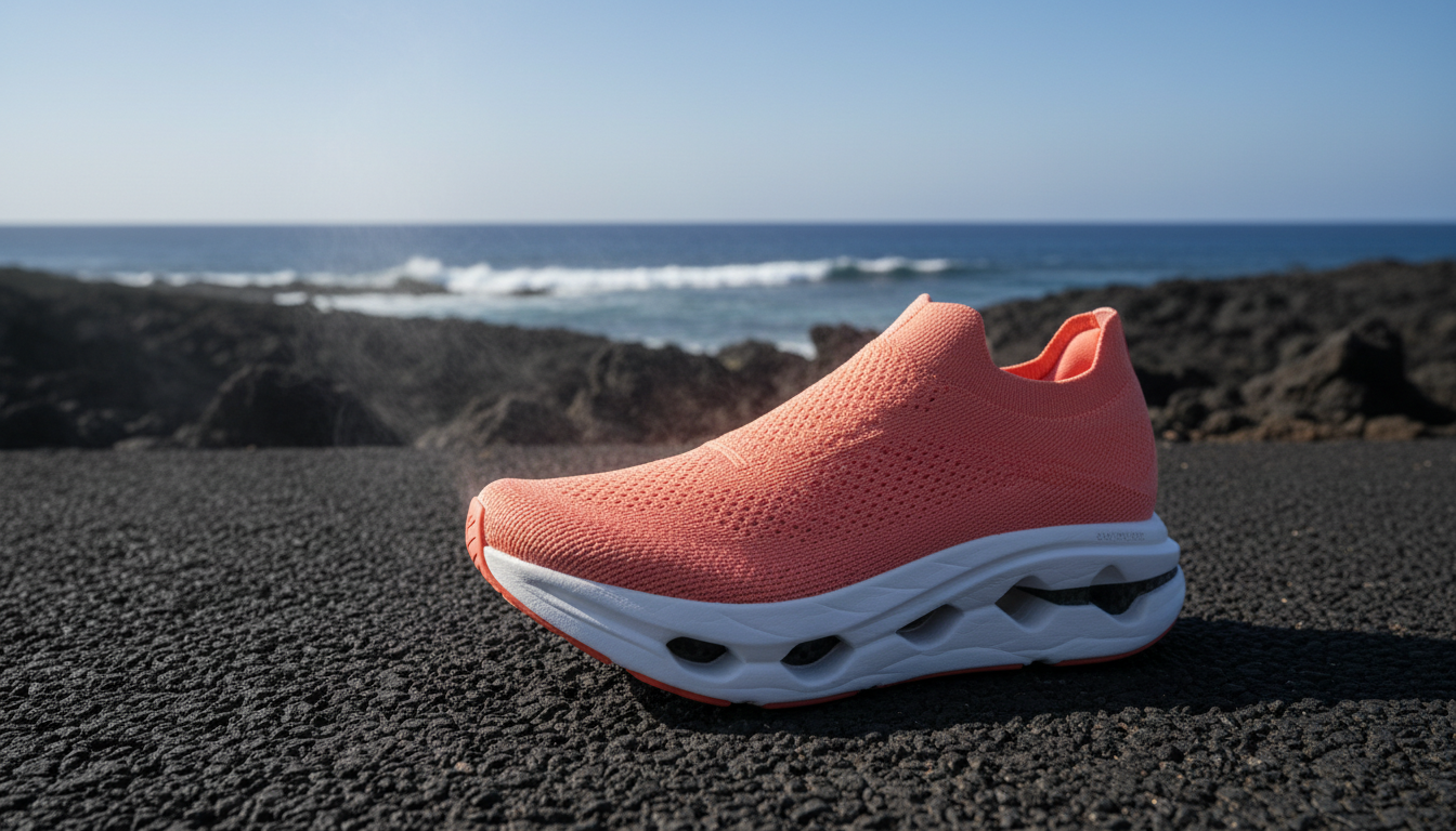 A carbon-plated racing running shoe on a sunny road through black lava fields with the ocean in the background