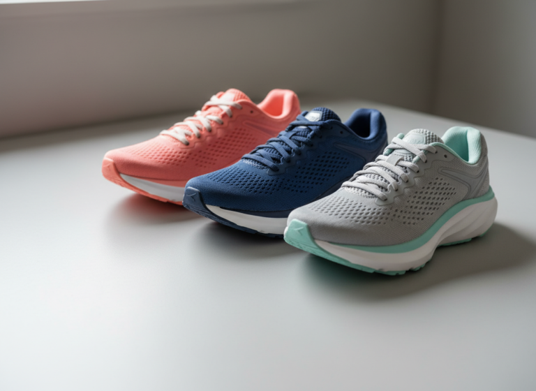 Three cushioned running shoes in different colors lined up side by side on a light background