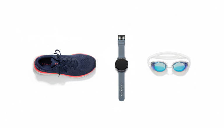 Flat lay of a navy running shoe, a GPS sports watch, and blue mirrored swim goggles on a white background