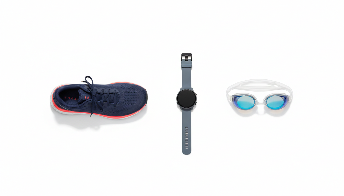 Flat lay of a navy running shoe, a GPS sports watch, and blue mirrored swim goggles on a white background