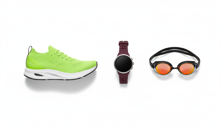 Flat lay of a lime-green racing shoe, a GPS sports watch, and orange mirrored swim goggles on a white background