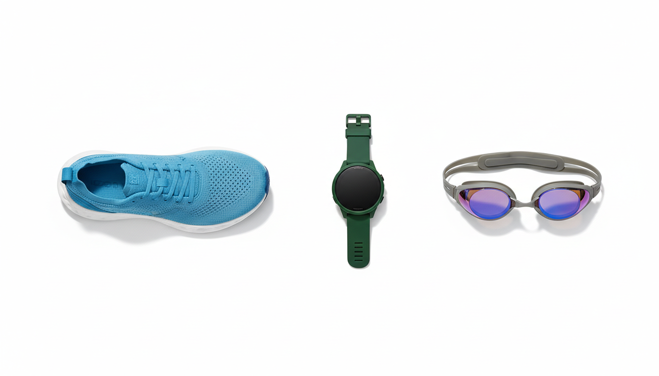 Flat lay of a sky-blue running shoe, a GPS sports watch, and purple mirrored swim goggles on a white background