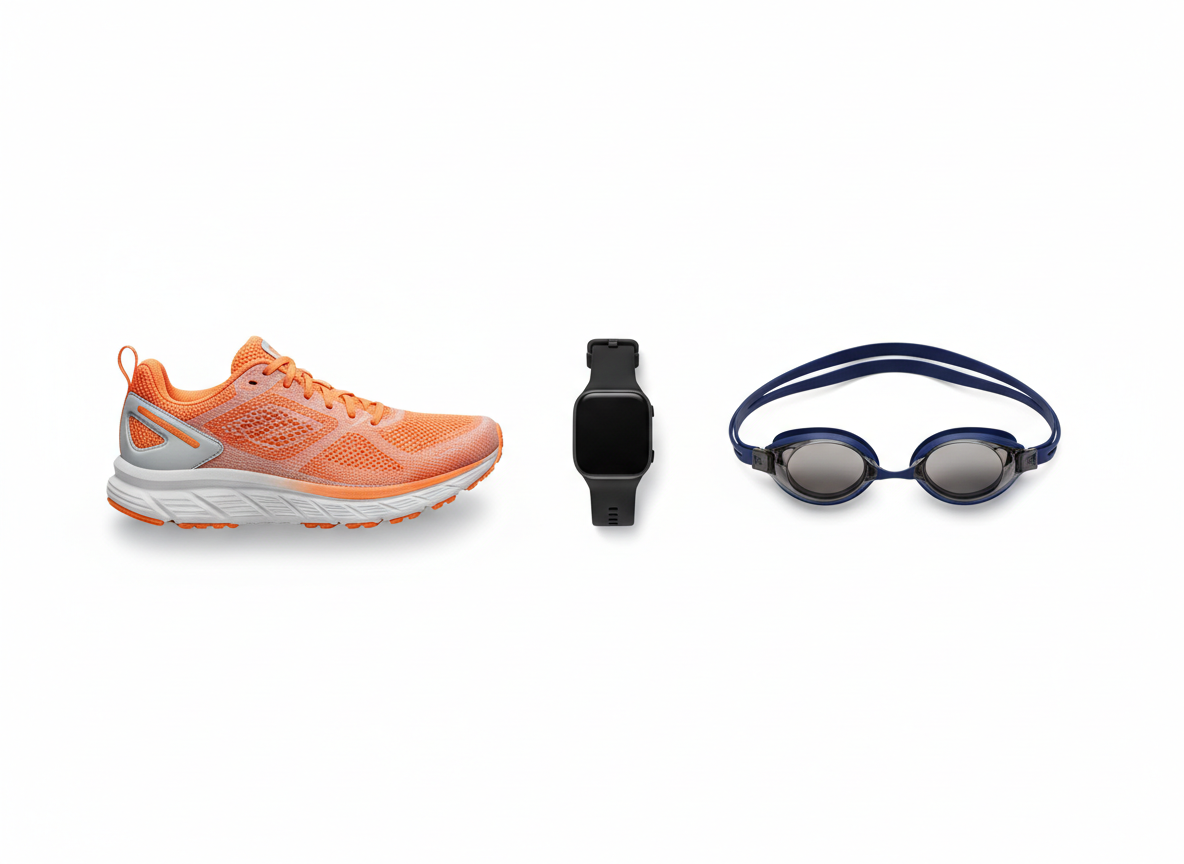 Flat lay of a running shoe, GPS watch, and swim goggles on a white background